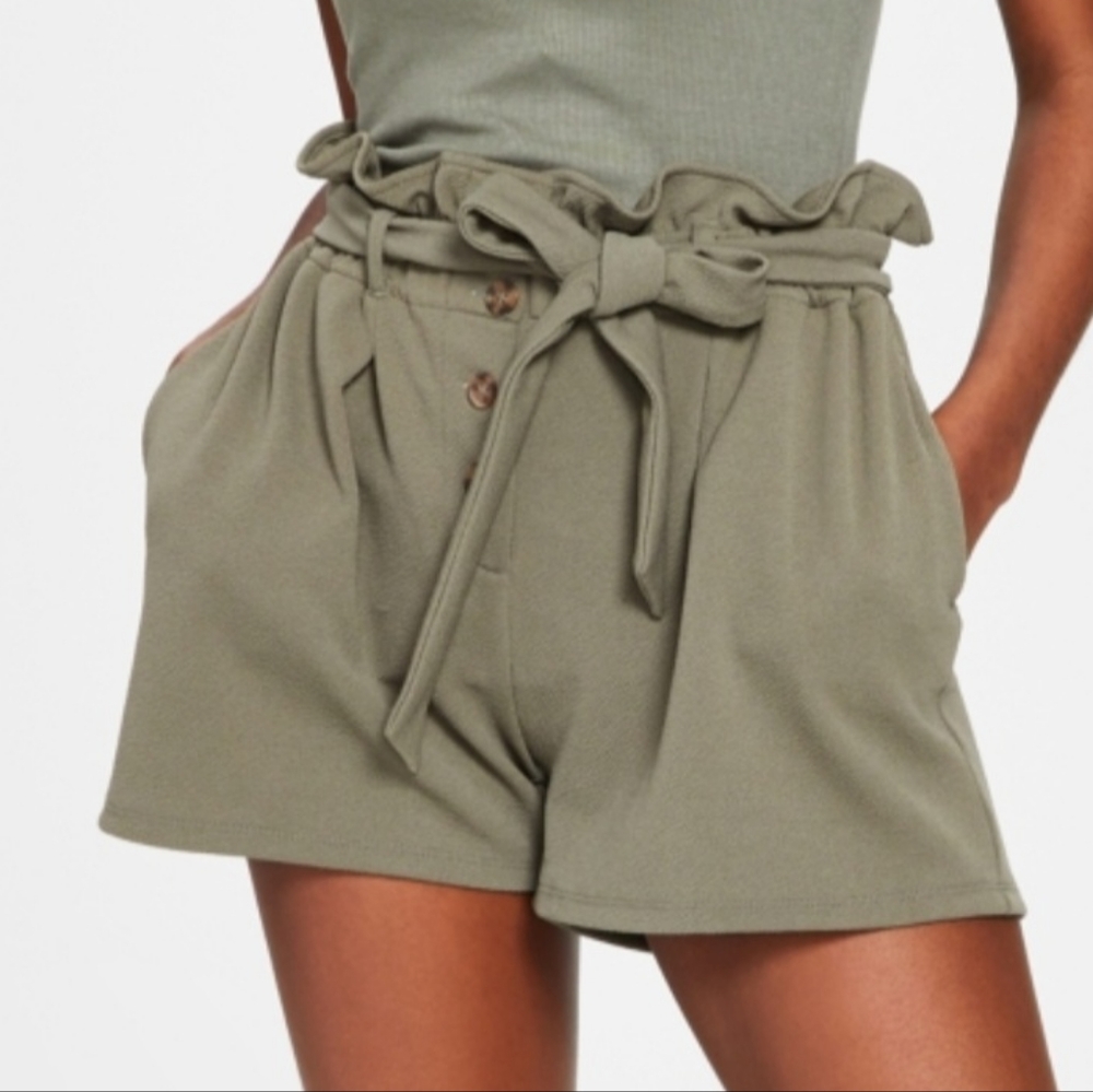 BAR III Paper Bag High Waisted Button Front Olive Shorts NWT xlarge